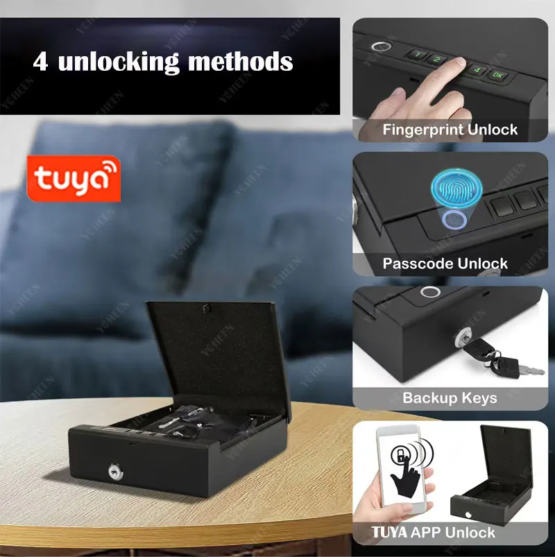 TUYA Ble APP Unlock Biometric Digital Box Fingerprint Password Phone Fireproof Smart Safe Boxes For Money Cash Jewelry