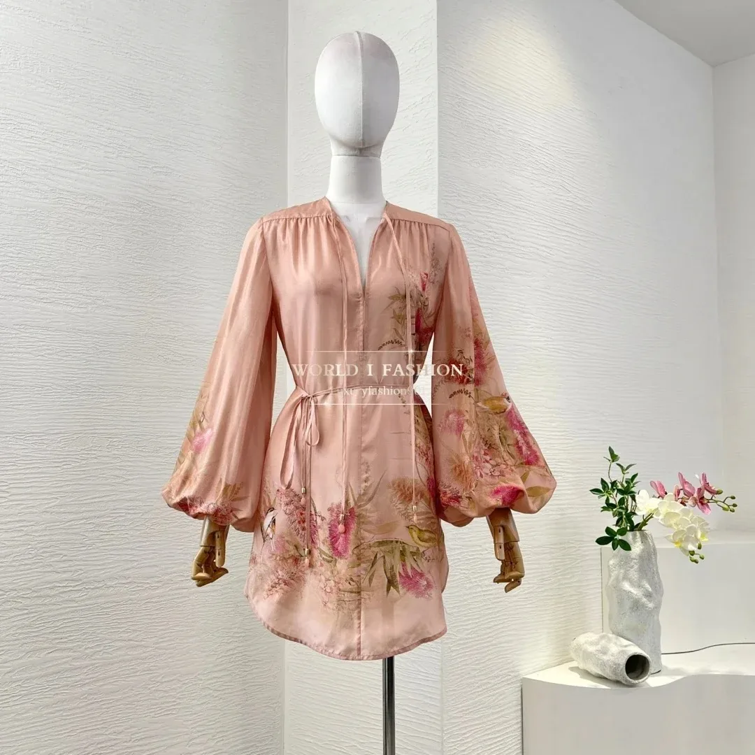 

Pink Long Sleeve Lantern Sleeve Floral Print Blouse Tops and Pants Set