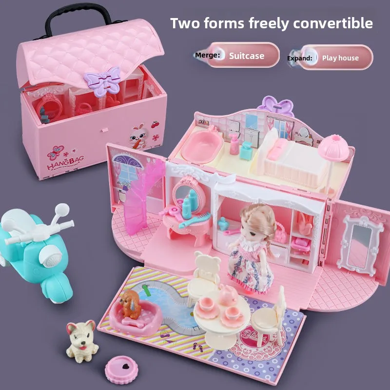 Portable Dollhouse Suitcase with LED Light, Multi‑Scene Pretend Play House with Complete Accessories