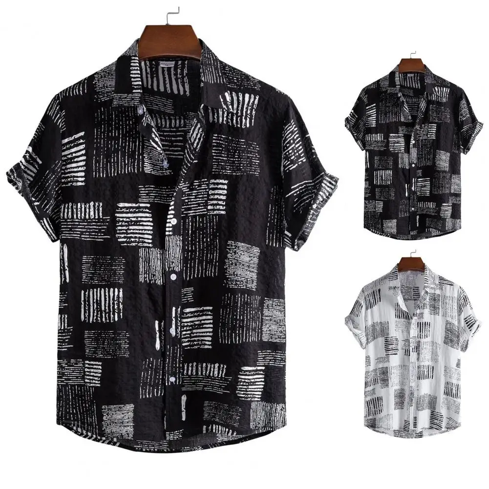 

Short Sleeve Men Shirt Turn-down Collar Print Loose Summer Shirt Streerwear Cardigan Buttons Closure Thin Casual Beach Shirt