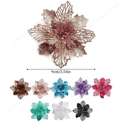 5pcs 9cm Glitter Artifical Christmas Flowers Christmas Tree Wreath Decorations Fake Flowers Xmas Garland Ornaments New Year 2025