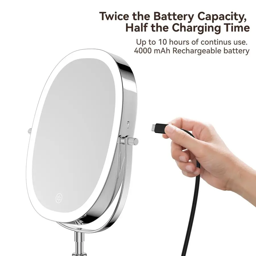 ライト付き化粧鏡、7倍拡大、高さ調節可能なバニティミラー、充電式3色照明モード、360度回転式