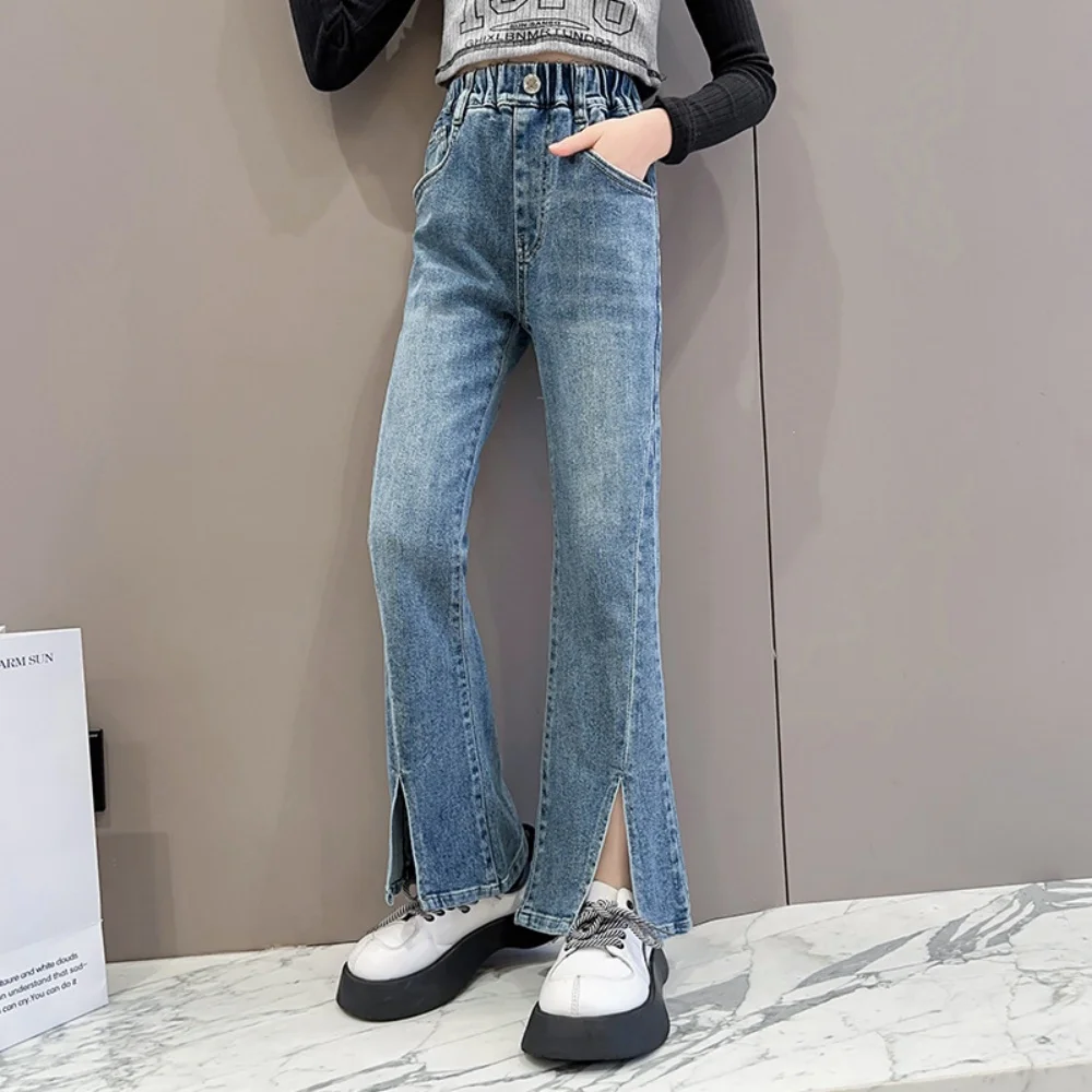 Girls' Spring Denim Jeans, Trendy Slimming Bell-Bottom Pants, Children's Tween Clothing Stretch Casual Denim Long Pants