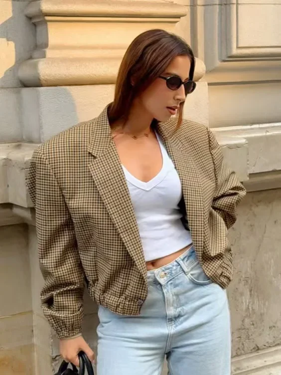 

Faionable Plaid Loose Long Sve Suit Jaet Women's Casual Wear Polyester Fabric ort Coat Sli Trendy Outerwear