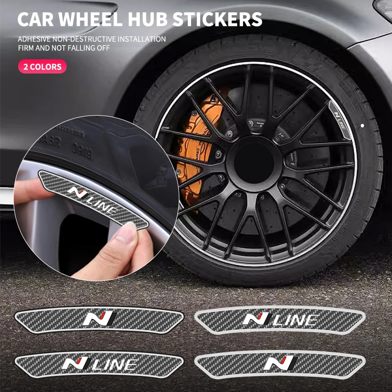 

4Pcs Car Wheel Hub Rim Stickers Auto Decor Decals Carbon Fiber Sticker For N LINE I20 I30 I10 LOGO Tuscon NX4 Sonata Elantra