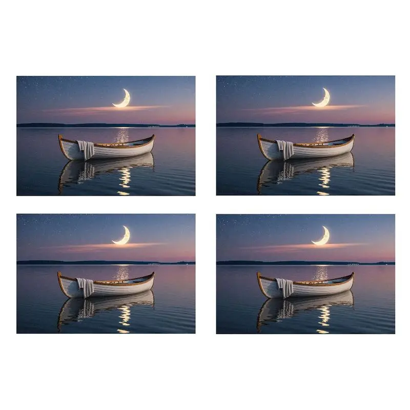 Conjunto de mantel de 4 peças, design elegante do lago do pôr do sol, fácil de limpar, 12 × 18 polegadas, perfeito para jantares e celebrações.