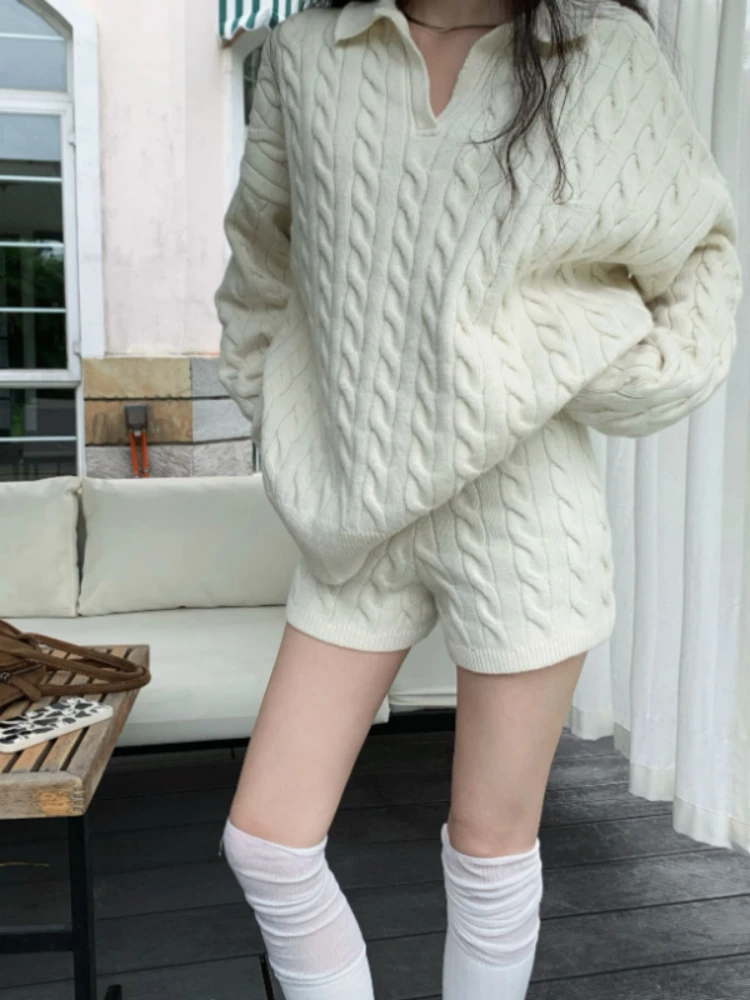 

Korean Style Neck Knitted Sweater Short Pants Two-Piece Set Women Spring Loose Lazy Fashion Knitwear Casual Outfit