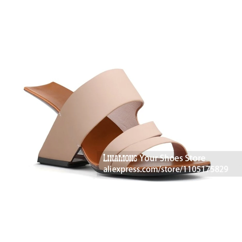 Nude Beige Sculptural Irregular Heel Slippers Minimalist Double Strap Open Toe Wedge Mule Sandals Commuter Style Geometric Heels