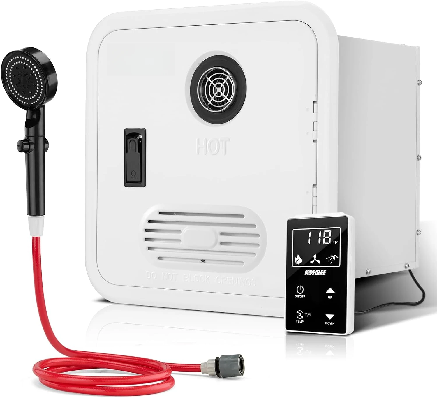RV Tankless Water Heater, Upgraded RV Water Heater With 15 X 15 Inches White Door, Remote Controller And External Shower