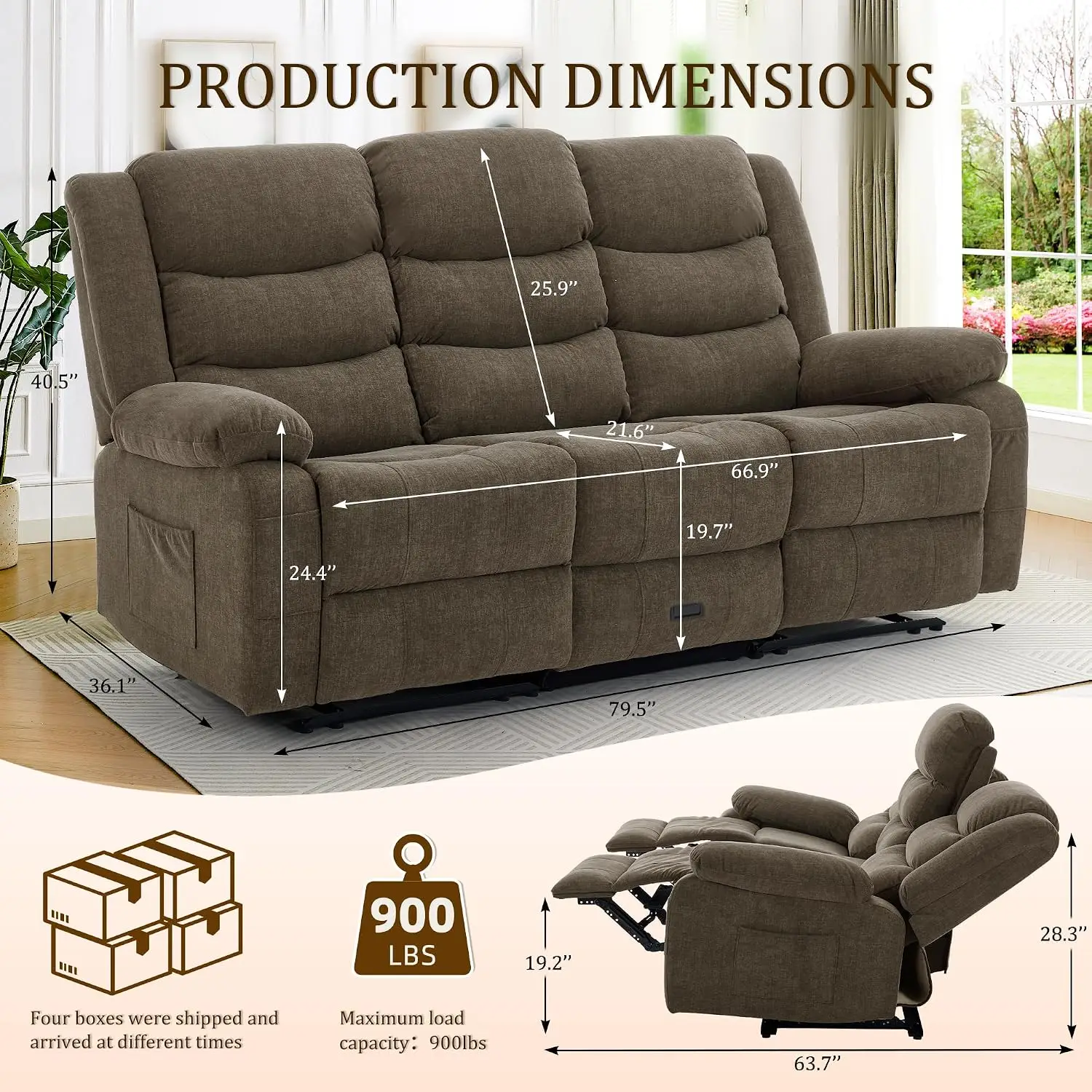 Recliner Loveseat with Console, Drop Down Table, Cup Holder & Recessed Power Strip, 3-Seater, Brown, Customized