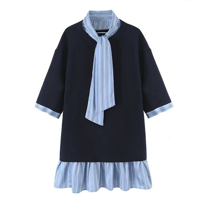 Ladies Contrast Stripe Spliced Casual Short Dress Bow Tie Neck Half Sleeve Ruffled Hem Loose Fit Commuter Dresses