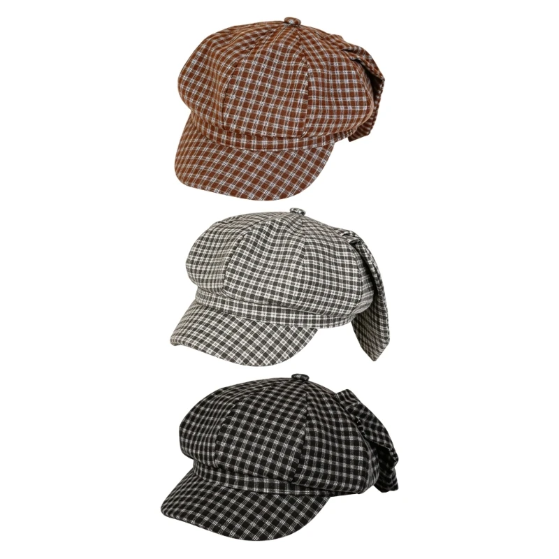 Plaids Newsboys Cap with Short Brims Long Ear for Daily Wear Photography 964A
