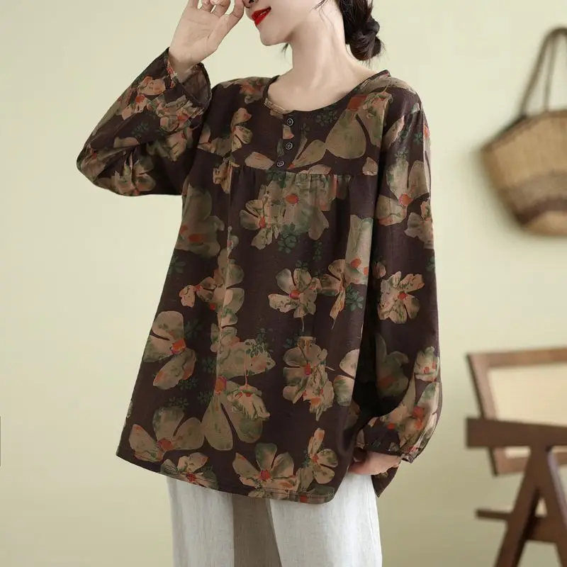 Plus Size Women's Spring Autumn New Round Neck Long Sleeve Top Senior Mom's Loose Belly Covering Printed Cotton Linen Wear