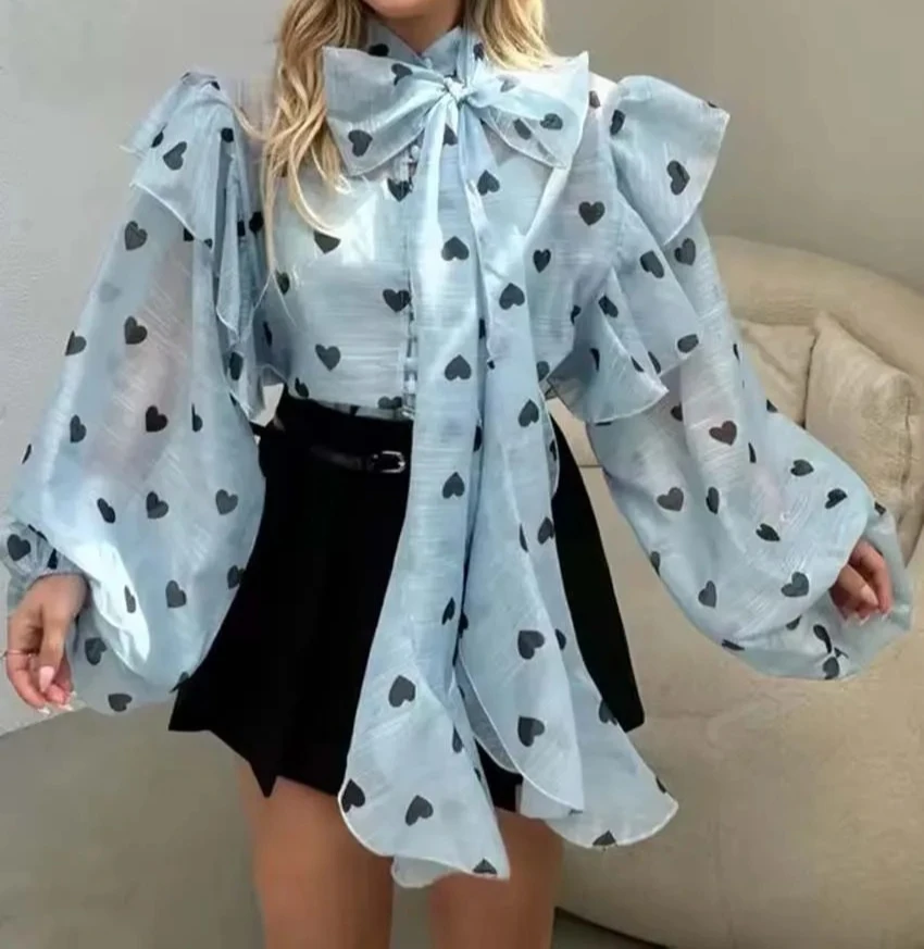 

Spring/Summer Casual New Lace-Up Neck Puff Sleeve Loose Blouses Ruffled Single Breasted Blouse Elegant Beige Print Woman Blouses