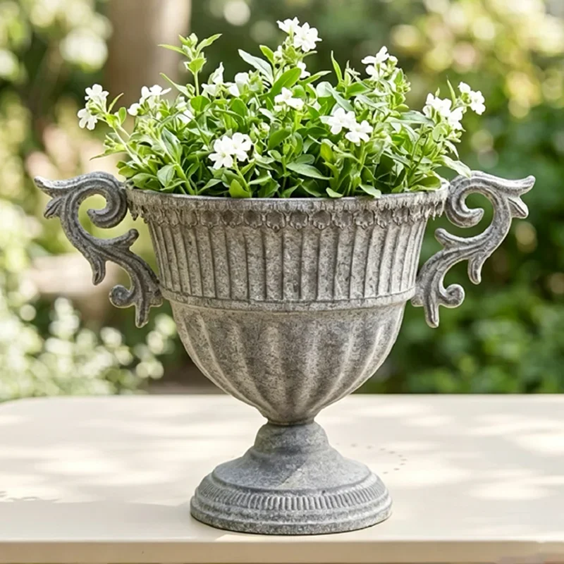 Rustic Gray Iron Flower Vase With Handles Vintage Goblet-Shaped Planter Decor Flower Pot for Home Garden Patio Table Centerpiece