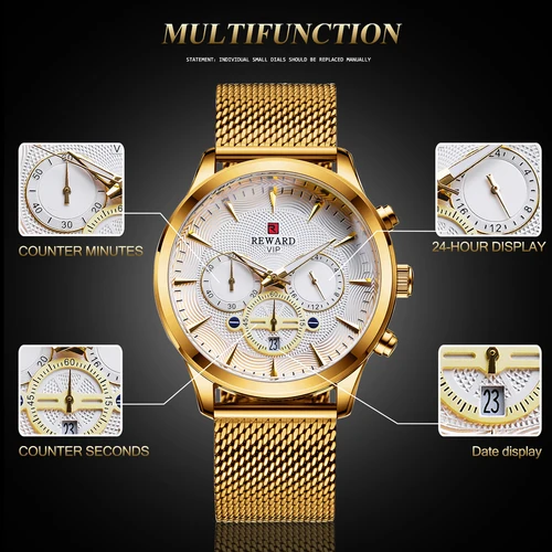 Imagen 2 del producto REWARD Relojes de negocios Movimiento de cuarzo Moda Hombres Reloj de acero inoxidable dorado Calendario de lujo Reloj de pulsera de cuarzo