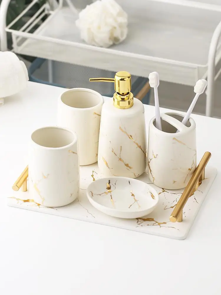 Ceramic Imitation Marble Bathroom Accessories Set Washing Tools Mouthwash Cup Soap Toothbrush Holder Wedding Supplies