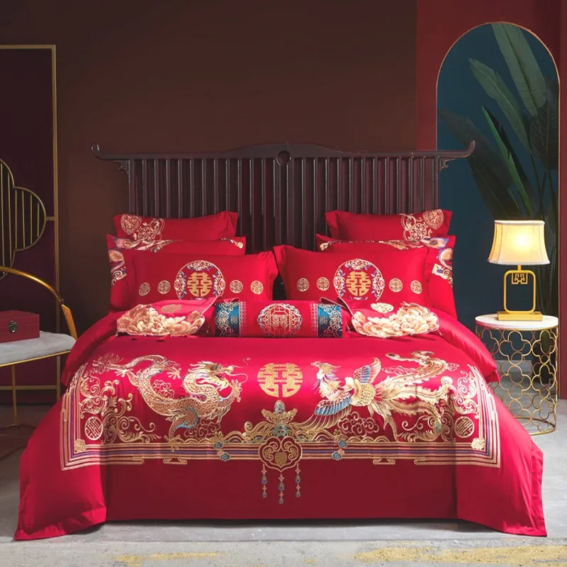 

Golden Dragon Phoenix Embroidery Bedding Set Luxury 100% Cotton Chinese Royal Wedding Red Duvet Cover Bed Sheet Pillowcases