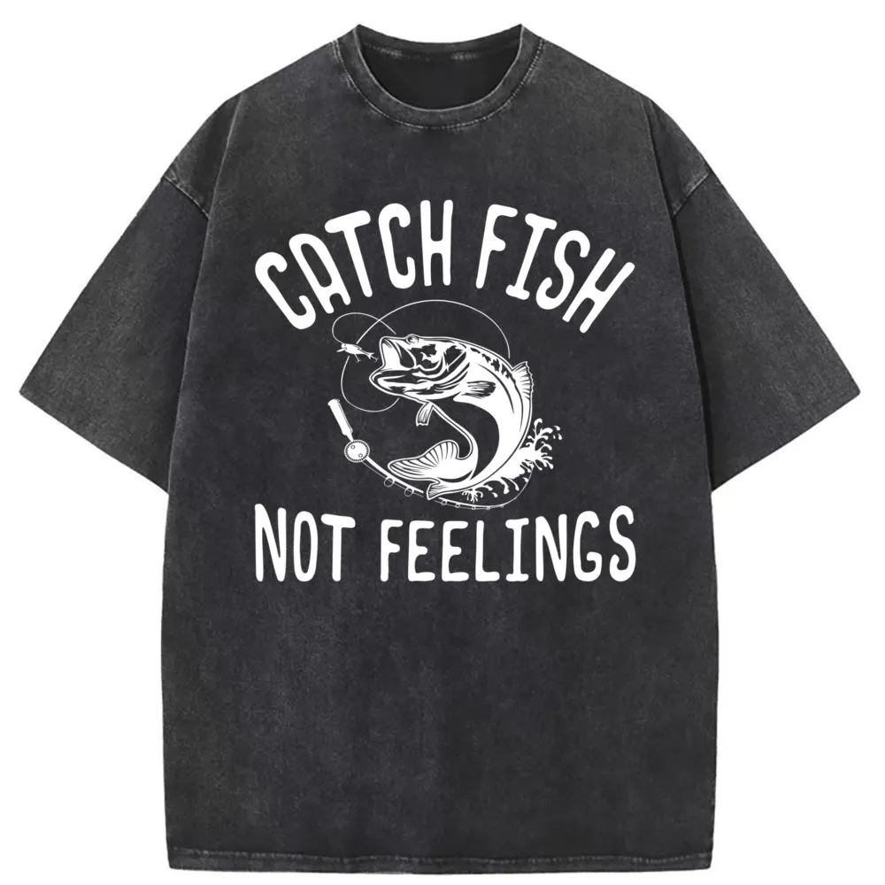 Catch Fish Not Feelings Funny Bass Fishing T Shirts Vintage Long Sleeve Japan Style Clothes Summer New Tees