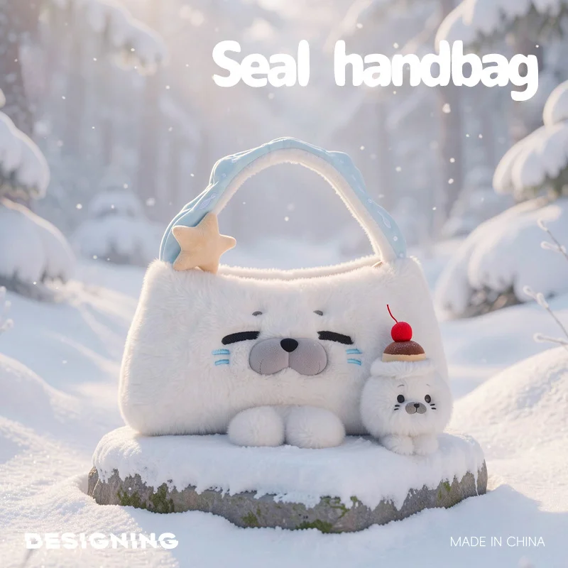 

Cute Seal Plush Handbag Soft Fuzzy Tote Bag With Star Pudding Kawaii Cartoon Animal Shoulder Bag Compact Adorable For Daily Use