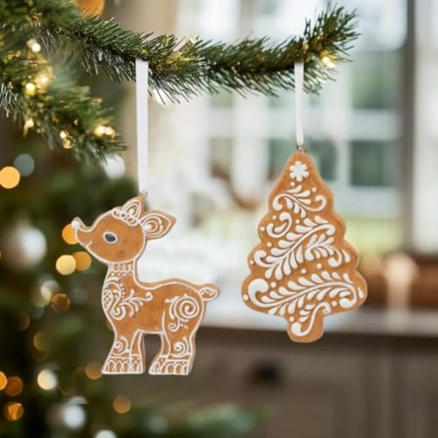 Lebkuchendekorationen, Weihnachtsschmuck – 2 Stück, Kunstharz-Lebkuchenbaum und Hirsch, Weihnachtsbaumschmuck für Party im Innenbereich, D