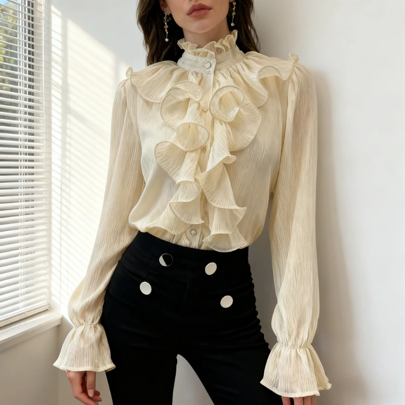 

NEW High Quality Vintage Ruffles Clothes Lace Blouse Women Spring Collar White Chiffon Shirt Long Puff Sleeve Loose Tops Elegant