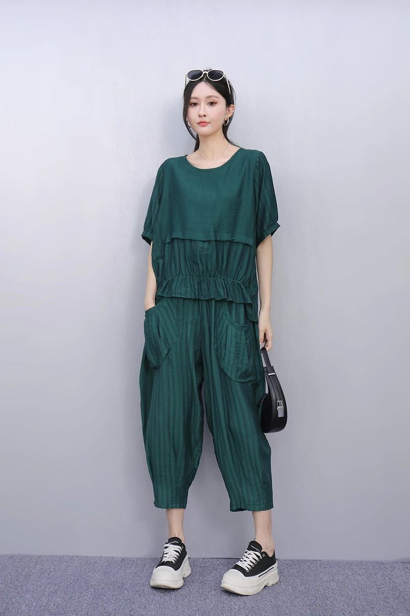 2025 夏の新ファッション女性半袖ルーズストライプ Tシャツトップハーレムパンツ 2 点セット J1018