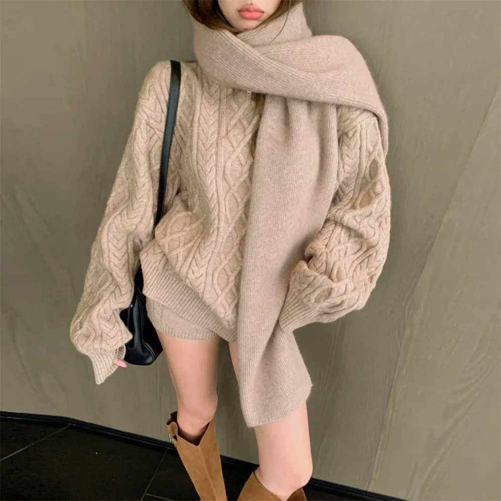 

Pant Set Women Three Piece Sets Knit Full Sleeve Pullovers Sweaters Knit Short Pants Elastic Waist Y2k Streetwear Scarf Casual
