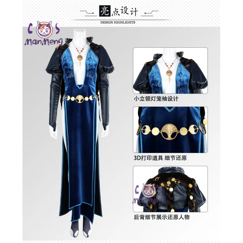 Baldur's Gate 3 Mizora Cosplay Costume Elegant mysterious deep blue suede dress necklace headwearleg waist chain party New set