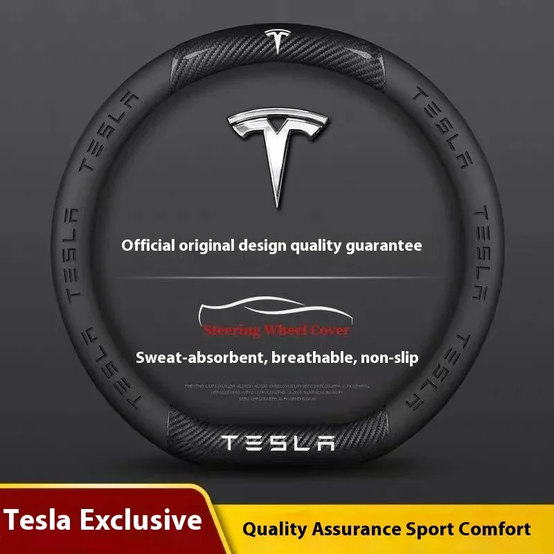 

For Tesla Cybertruck Beast Roadster Model 3 Model Y Model S Model X New Car Carbon Fiber Leather Anti-Slip Steering Wheel Cover