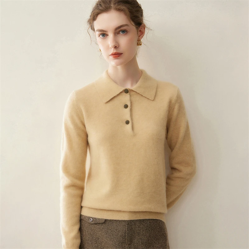 A-class high-quality women's 100% cashmere sweater casual solid knit pullover POLO collar button Tops loose Blouse warm Jumper