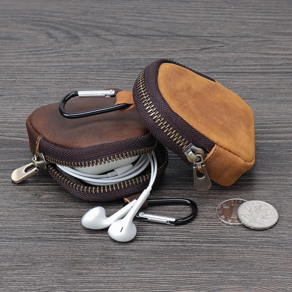 Portable Earphone Storage Pouch Retro PU Leather Mini Coin Purse with Carabiner Small Keychain Wallet & Earphone Pouch