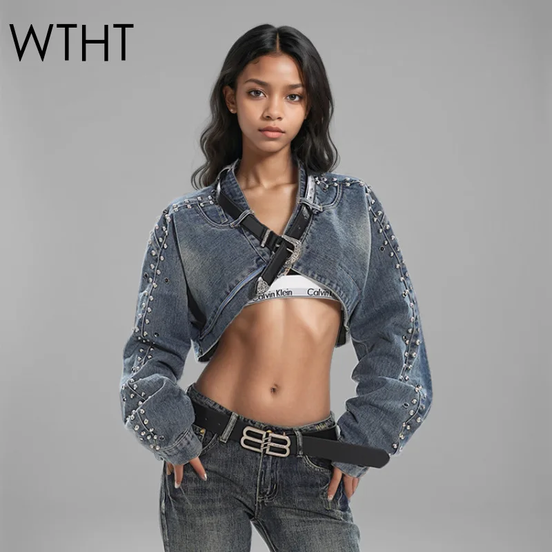 WTHT Trendy Women's Rivet Shawl Belt Decoration Denim Coat 2025 Spring Fashion Long Sleeves Jackets Female 1LS649