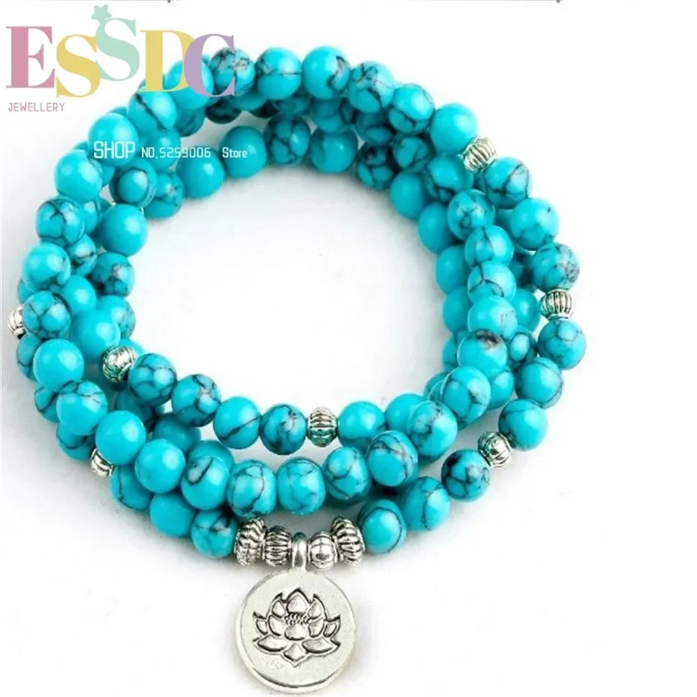Fashion Multi Circle 8mm Green Pine Stone 108 Mala Beads or Necklace Lotus Charm Yoga Bracelet Buddhist Prayer Jewelry