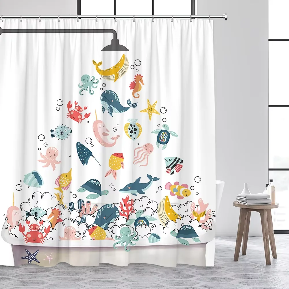 

Cartoon Animal Shower Curtain with Funny Cat and Dog Paws Cute Kids Shower Print Family Bathroom Decoration with Hooks