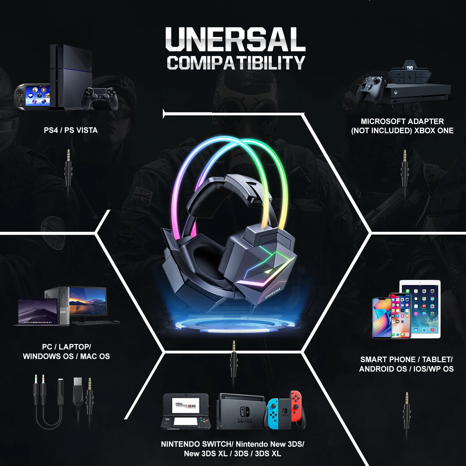 ONIKUMA X20 Gaming Headset with RGB Light Wired Headphones With Mic Bass Surround Over Ear Full Light Earphone for PS5 PC