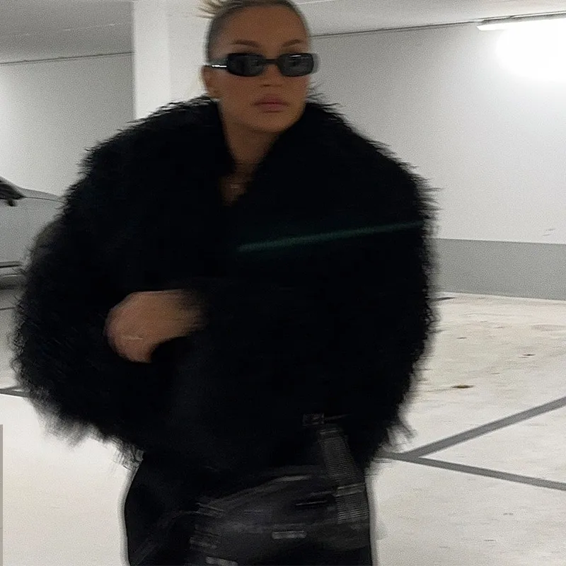 Moda feminina preto fofo quente jaqueta de pele do falso elegante decote em v mangas compridas casacos curtos outono inverno chique senhora grosso outwears