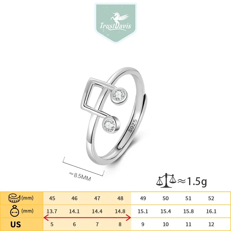 Trustdavis Real 925 Silver Fashion and Luxury Music Notes Opening Rings for Women Daily Wear Jewelry Gift DS3968