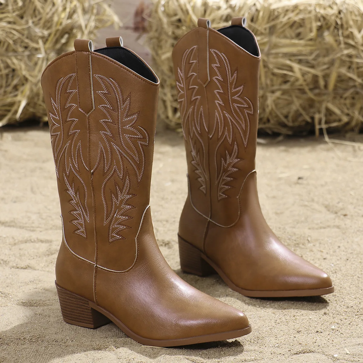 Western Women Boots Autumn Winter Fashion Chunky Heeled Cowboy Boots Vintage Style Country Western Cowgirl High Heels Boots