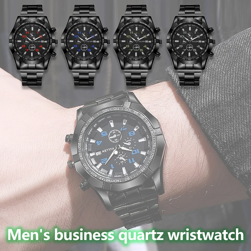 비즈니스 패션 세 개의 눈을 가진 혼합 스케일 다이얼 쿼츠 스틸 스트랩 시계