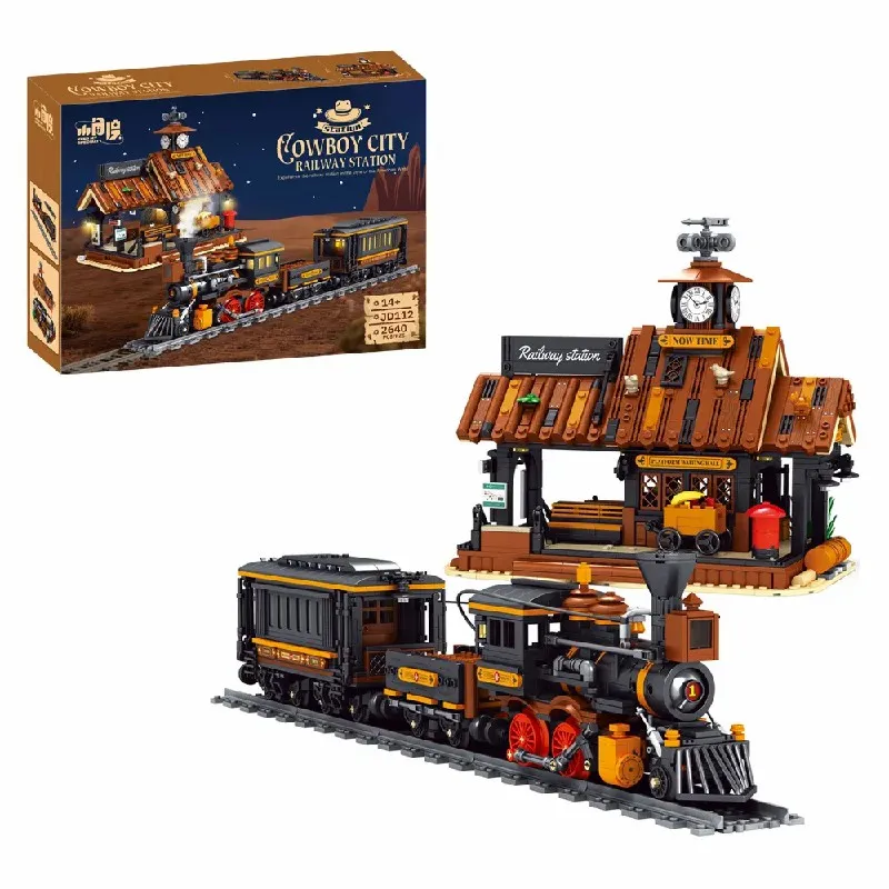 Cowboys estação ferroviária casa blocos de construção modulares cidade americana vista arquitetura tijolo modelo kit adultos presente do miúdo 2640 pçs