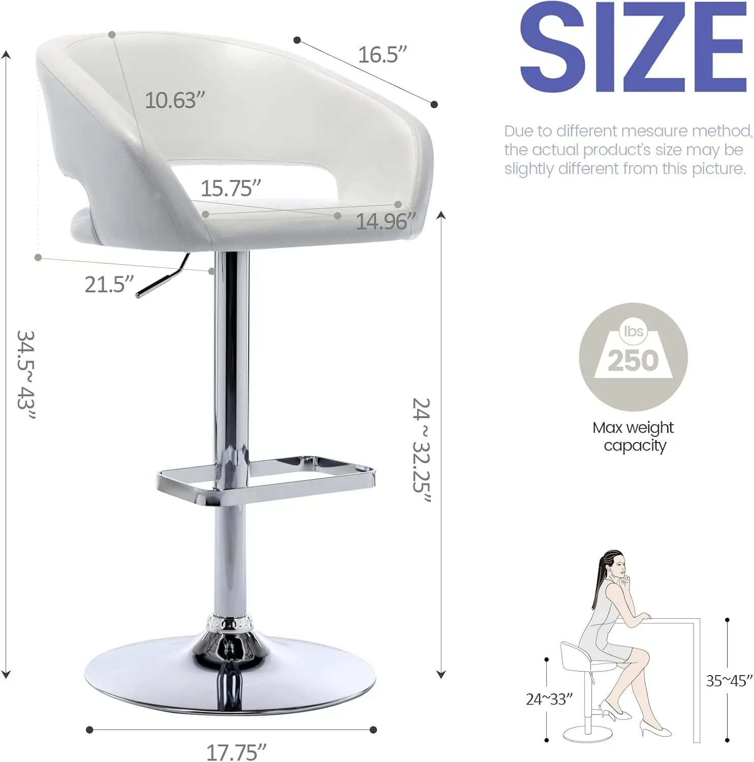 Vogue Furniture Direct Adjustable Bar Stool With Hollow Back And Arms, Modern Pu Leather Swivel Barstool, Airlift Counter