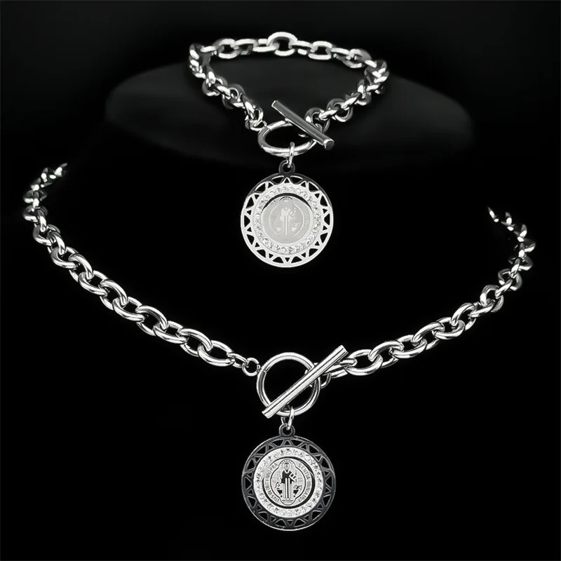 2024 new fashion stainless steel Saint Benedict necklace bracelet set jewelry for men and women personality 100 matching ornamen