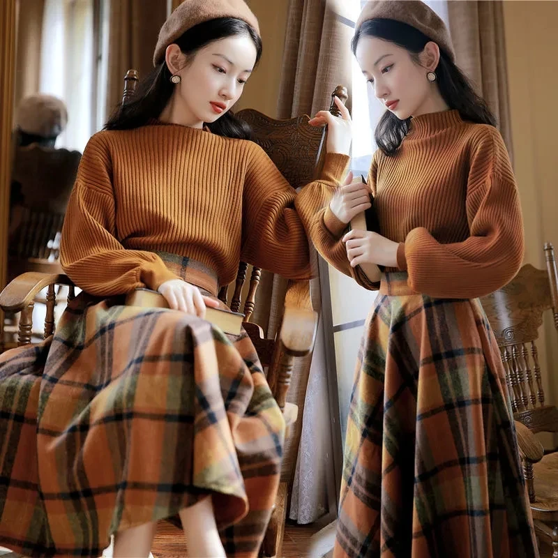 

Vintage Two Piece Set Women Knitting Korean Elegant Conjunto Femenino Solid Sweater+plaid Long Skirt Autumn Winter 2023 Clothing