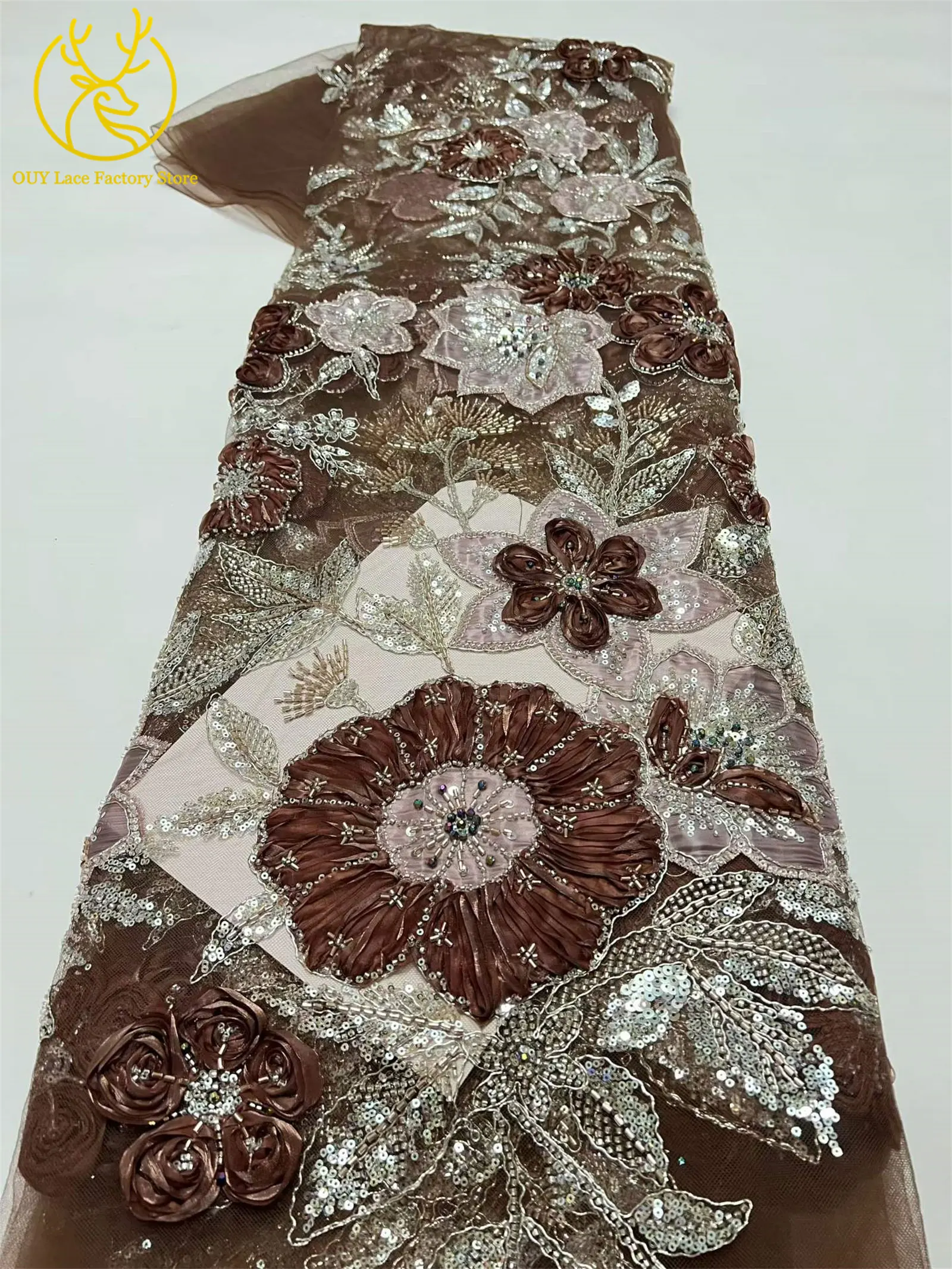 Modische 3D-Blumenstickerei Pailletten Tüll-Mesh-Spitze 2026 Nigerianische Perlen-Mesh-Spitze für Braut-Hochzeitskleider und Partykleider zum Nähen – Detail 14