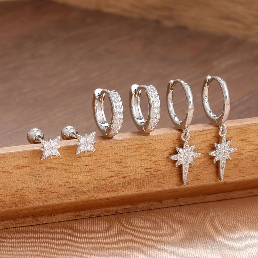 Juego de 3 pares de pendientes de aro de circonio de acero inoxidable, aretes con forma de estrella centelleante a la moda, joyería para prevenir alergias, accesorios para fiestas