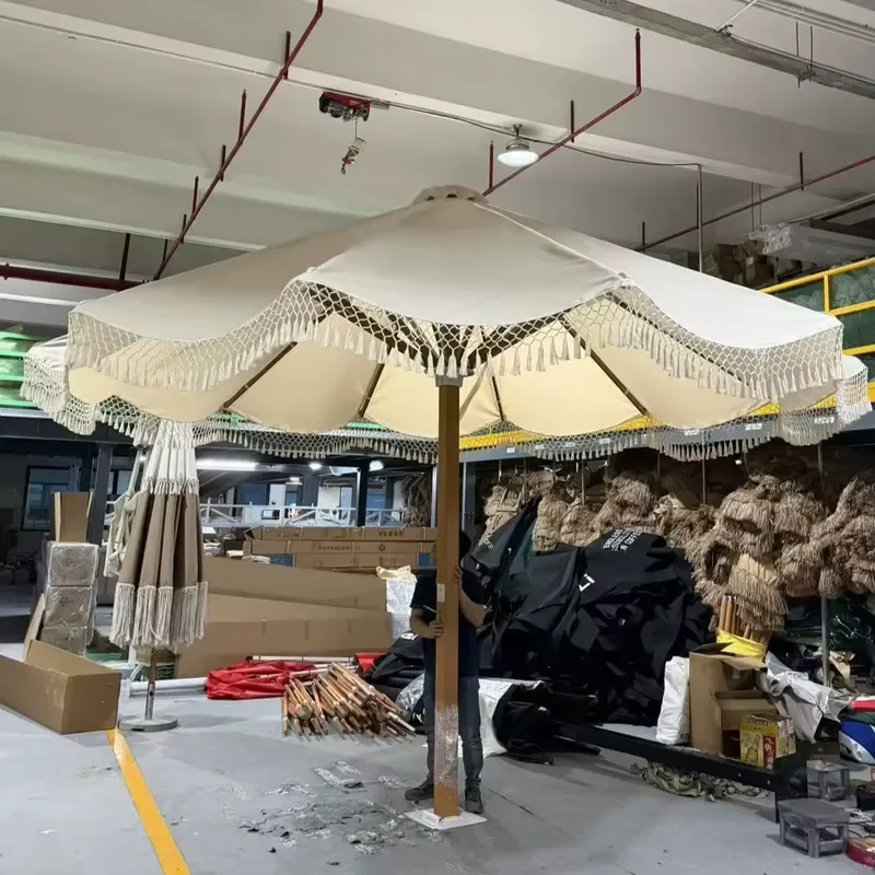 3m Waterproof Outdoor Parasol Modern Tassel Fringe Umbrella for Hotel Cafe Park Garden Patio Sunshade