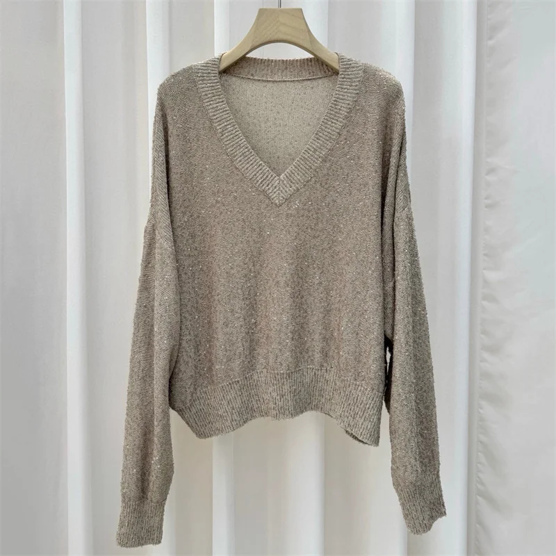 

Women's sweater New spring 2026 sequin blend women's long sleeved top Elastic knitted loose V-neck pullover y2k Women's jumper