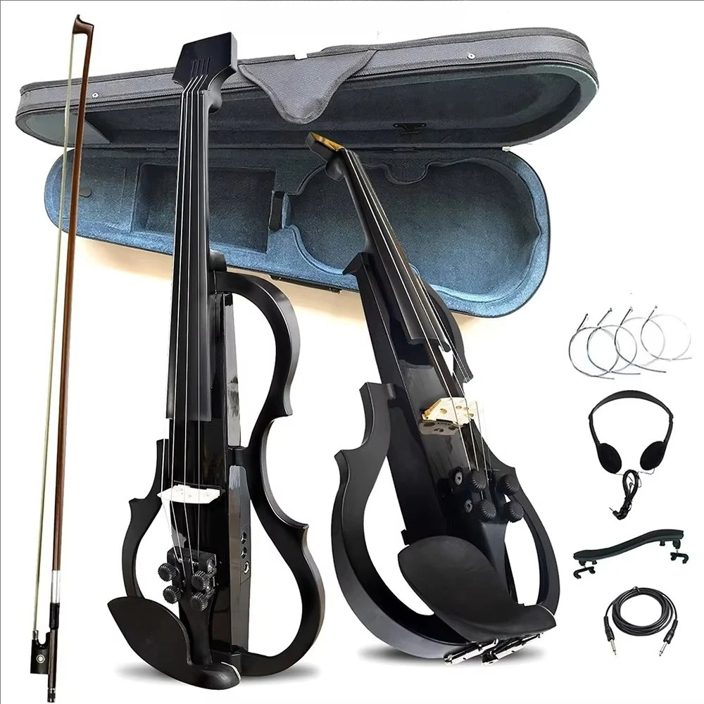 

High-Quality Professional Carbon Fiber Black Silent 4/4 Cartridge Electronic Violin With Earphones Case Bow