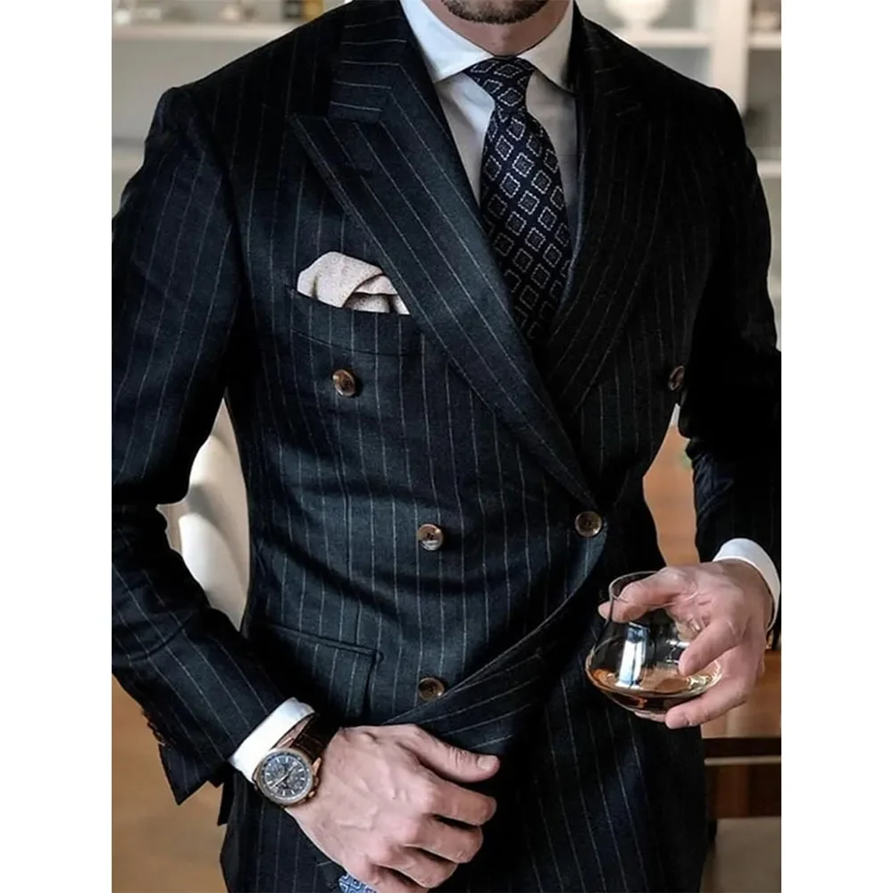 Black Striped Men Suits Double Breasted Peak Lapel Male Blazer Formal Wedding Tuxedo 2 Piece Slim Fit Costume (Jacket + Pants)